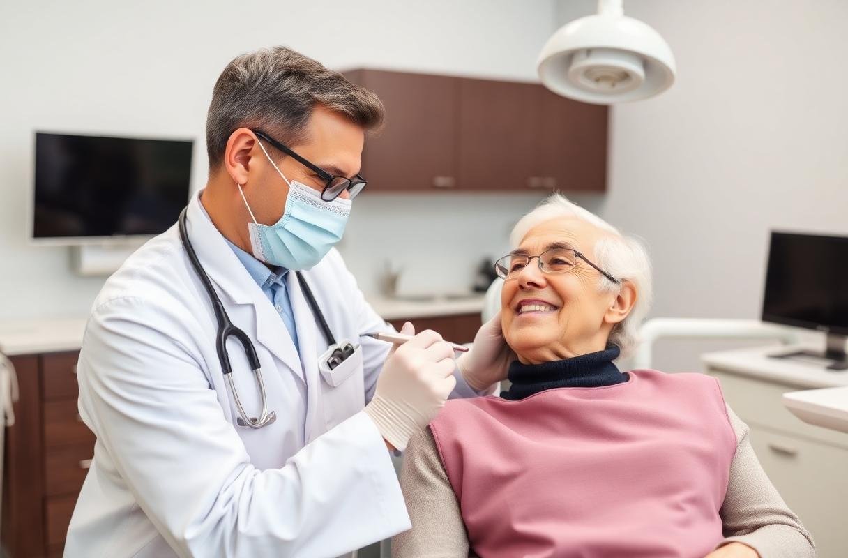 Dentist examining a senior patient