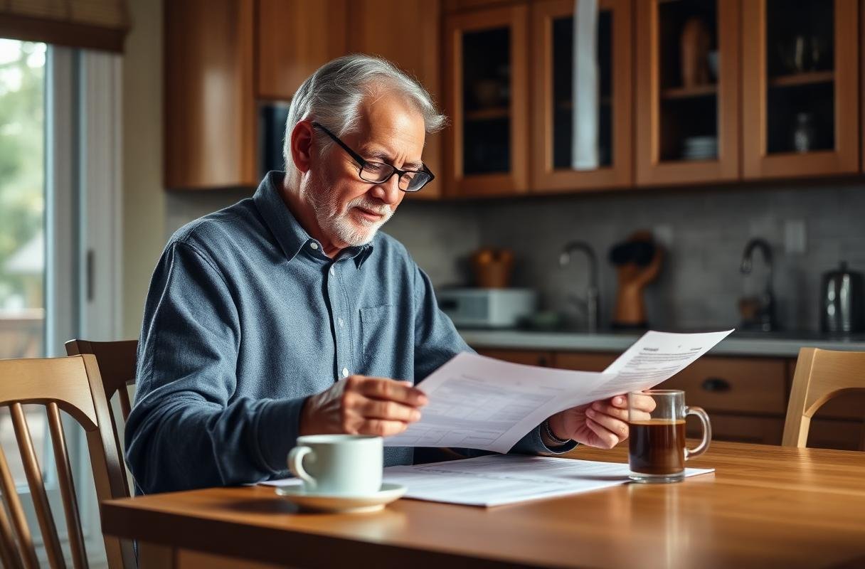 Senior man reading Medicare paperwork at home